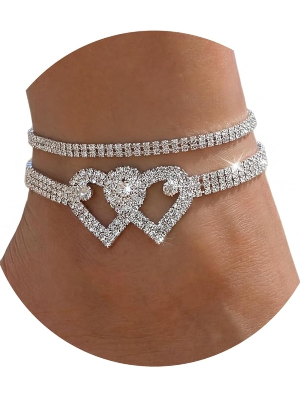 Women’s Double Heart Rhinestone Anklet - Silver